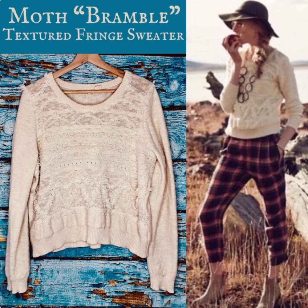 {Anthro / Moth} Bramble Ecru Textured Fringe Macramé-Inspired Boho Sweater